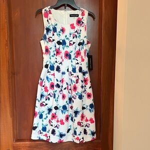 Andrew Marc Vibrant Floral Midi Dress - White, Pink, Blue